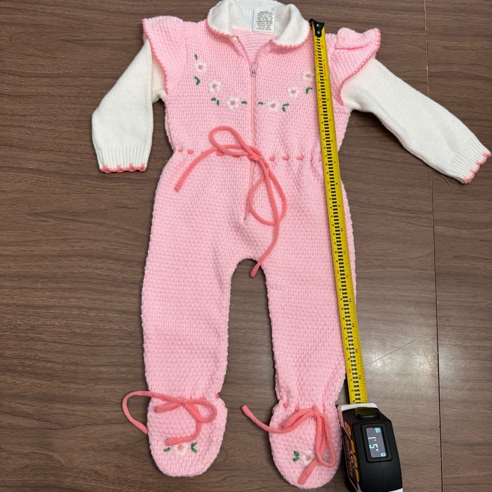Vintage Pink Knitted‎ Romper 6 Months Zip Up Footed Outfit **See Description**￼ - Picture 5 of 6